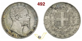VITTORIO EMANUELE II, Re di Sardegna (1849-1861) 5 Lire 1854 Torino. MIR 1057i Pag. 378 Ag g 24,94 Rara • Patina con iridescenze BB