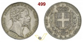 VITTORIO EMANUELE II, Re di Sardegna (1849-1861) 5 Lire 1861 Torino. MIR 1057u Pag. 390 Ag g 24,97 Molto rara • Colpetto; bella patina BB+