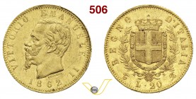 VITTORIO EMANUELE II (1861-1878) 20 Lire 1862 Torino. MIR 1078c Pag. 456 Au g 6,45 q.SPL
