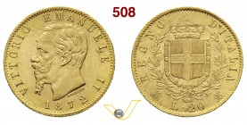 VITTORIO EMANUELE II (1861-1878) 20 Lire 1872 Milano. MIR 1078n Pag. 467 Au g 6,44 Molto rara SPL÷FDC
