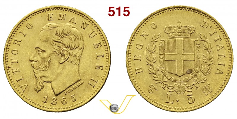 VITTORIO EMANUELE II, Re d'Italia (1861-1878) 5 Lire 1865 Torino. MIR 1080b Pag....