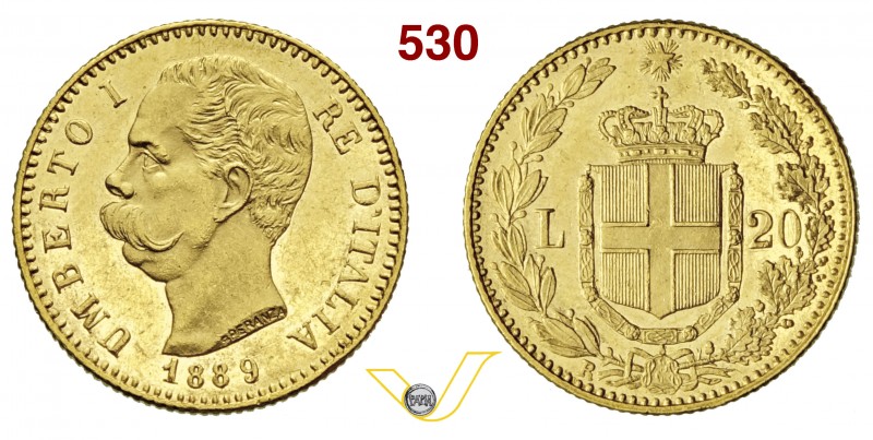 UMBERTO I (1878-1900) 20 Lire 1889 Roma. Pag. 584 MIR 1098n Au g 6,45 Rara • Fon...