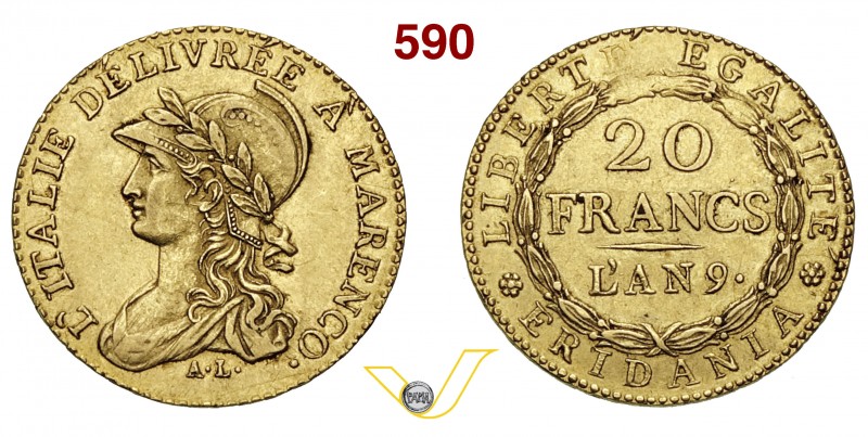 TORINO REPUBBLICA SUBALPINA (1800-1802) 20 Lire A. 9, Torino. Varesi 1 Au Rara q...