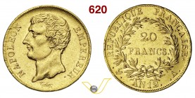 FRANCIA NAPOLEONE I, Imperatore (1805-1814) 20 Franchi An. 12 A (Parigi) "Empereur, I tipo" Varesi 256 Au NC • Colpetto SPL