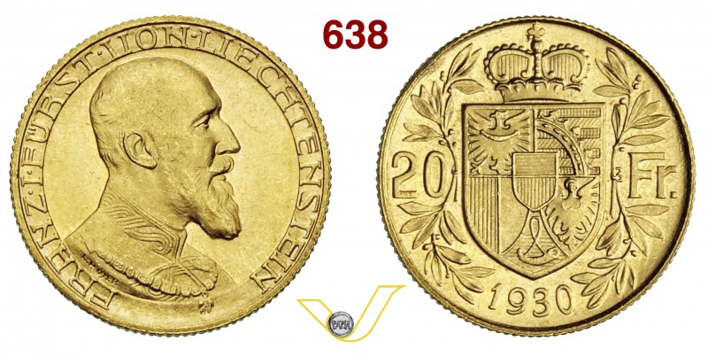 LIECHTENSTEIN FRANCESCO I (1929-1938) 20 Franchi 1930 (Berna ?) Varesi 561 Au Mo...