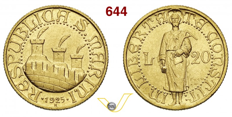 SAN MARINO REPUBBLICA (dal 1864) 20 Lire 1925 R (Roma) Varesi 607 Au Molto rara ...