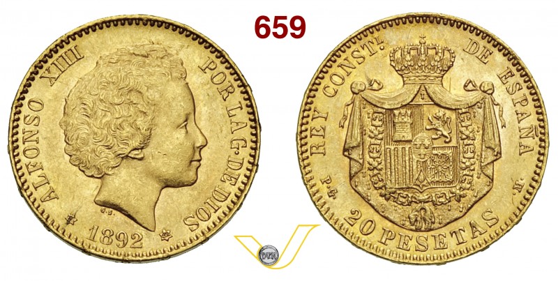 SPAGNA ALFONSO XIII (1886-1931) 20 Pesetas 1892 M (Madrid) "testa riccia" Varesi...