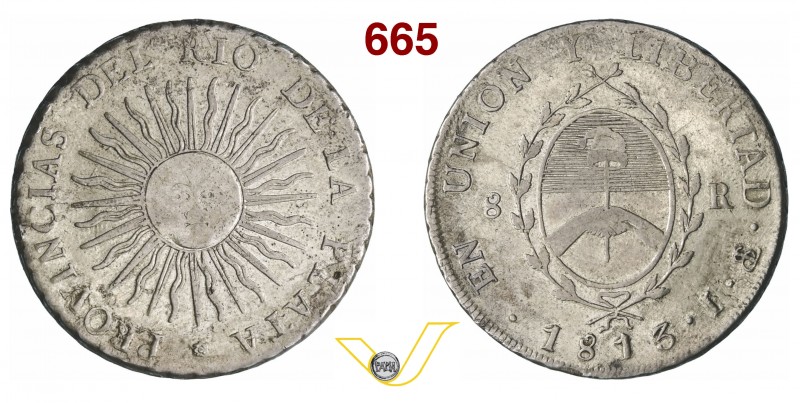 ARGENTINA 8 Reales 1813 J, Potosi. Kr. 13 Ag g 25,60 Rara BB+