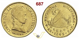 BOLIVIA 8 Escudos 1842 LR, Potosi. Fb. 26 Au g 27,08 • Di grande qualità per il tipo di moneta; fondi brillanti SPL