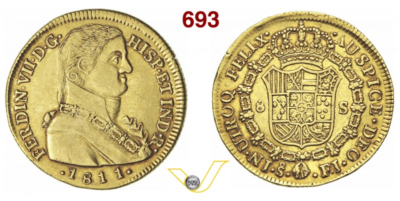 CILE FERDINANDO VII (1808-1821) 8 Escudos 1811 So-FJ, Santiago. Fb. 28 Au g 27,0...