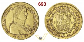 CILE FERDINANDO VII (1808-1821) 8 Escudos 1811 So-FJ, Santiago. Fb. 28 Au g 27,03 Rara BB+