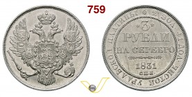 RUSSIA NICOLA I (1825-1855) 3 Rubli 1831. Kr. 177 Fb. 143 Platino g 10,36 SPL