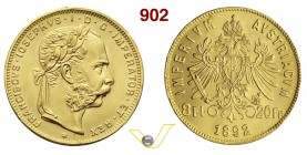 AUSTRIA FRANCESCO GIUSEPPE I (1848-1916) 8 Fiorini o 20 Franchi 1892 (riconio=restrike) Kr. 2269 Fb. 502R Au g 6,44 FDC