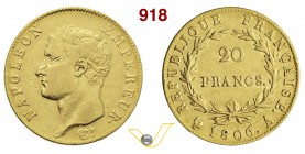 FRANCIA NAPOLEONE I, Imperatore (1804-1815) 20 Franchi 1806 A, Parigi. Au g 6,43 MB/BB