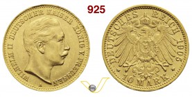 GERMANIA - Prussia GUGLIELMO II (1888-1918) 10 Marchi 1905 A, Berlino. Kr. 520 Au g 3,97 m.SPL