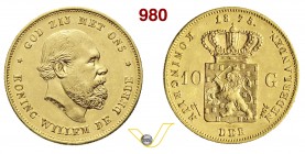 OLANDA GUGLIELMO III (1849-1890) 10 Gulden 1875. Kr. 105 Fb. 342 Au g 6,71 SPL÷FDC