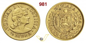 PERU' 1/2 Libra 1908. Kr. 209 Au g 4,00 q.SPL