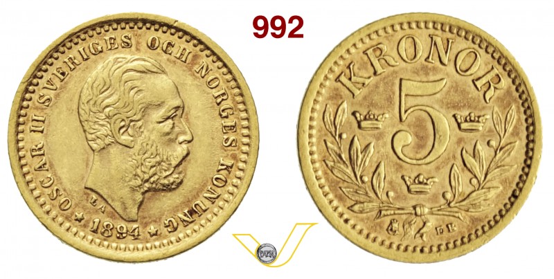 SVEZIA OSCAR II 5 Kronor 1894. Au g 2,24 SPL