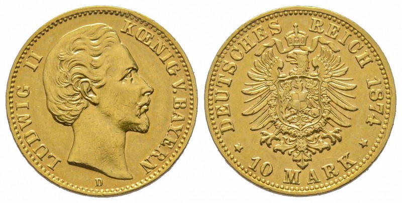 BADEN, 10 Mark 1874 D, AU 3.98 g. TTB/SUP