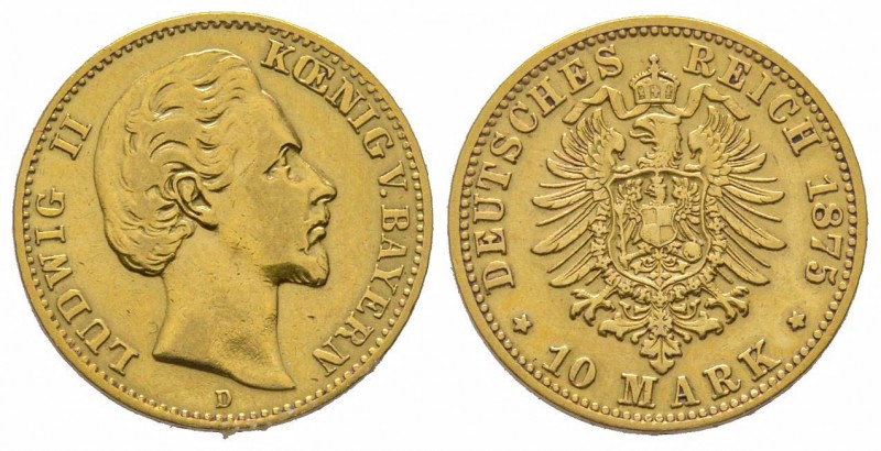 BADEN, 10 Mark 1875 D, AU 3.98 g. TTB