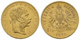 8 Florins Gulden, 1874, AU 6.45 g. TTB/SUP