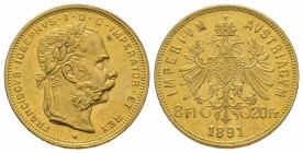 8 Florins Gulden, 1891, AU 6.45 g. Superbe. Rare
