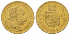 20 Florins Gulden, 1879, AU 6.77 g. Superbe