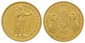 10 Corona, 1906, AU 3.39 g. Superbe
