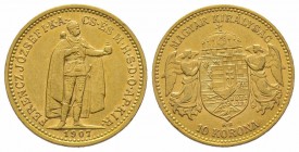 10 Corona, 1907, AU 3.39 g. Superbe