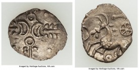 BRITAIN. Iceni. Ca. 15-1 BC. AR unit (14mm, 0.97 gm, 12h). Choice XF. Uninscribed coinage. Crossed wreath and crescent motif / Horse prancing left; wh...