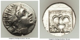 CARIAN ISLANDS. Rhodes. Ca. 88-84 BC. AR drachm (14mm, 2.45 gm, 12h). XF. Plinthophoric standard, Nicephorus, magistrate. Radiate head of Helios right...