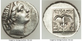 CARIAN ISLANDS. Rhodes. Ca. 88-84 BC. AR drachm (14mm, 2.44 gm, 11h). Choice XF. Plinthophoric standard, Euphane(s), magistrate. Radiate head of Helio...