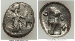ACHAEMENID PERSIA. Ca. 5th century BC. AR siglos (20mm, 5.46 gm). Fine, countermarks. Sardes. Persian king or hero, wearing cidaris and candys, draper...