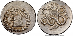 PHRYGIA. Apameia. Ca. 166-133 BC. AR cistophorus (29mm, 12.79 gm, 1h). NGC Choice AU 5/5 - 4/5. Ca. 150-140 BC. Serpent emerging from cista mystica; a...