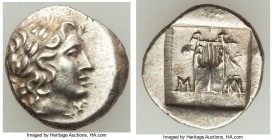 LYCIAN LEAGUE. Masicytes. Ca. 48-20 BC. AR hemidrachm (14mm, 1.92 gm, 12h). AU. Series 1. Laureate head of Apollo right; Λ-Y below / M-A, cithara (lyr...