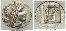 LYCIAN LEAGUE. Masicytes. Ca. 48-20 BC. AR hemidrachm (16mm, 1.72 gm, 12h). AU. Series 5. Laureate head of Apollo right; Λ-Y below / M-A, cithara (lyr...