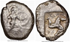 PAMPHYLIA. Aspendus. Ca. mid-5th century BC. AR stater (22mm, 3h). NGC VF. Helmeted nude hoplite advancing right, shield in left hand, spear forward i...