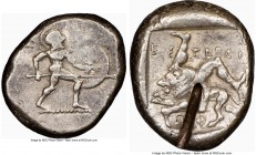 PAMPHYLIA. Aspendus. Ca. mid-5th century BC. AR stater (22mm, 5h). NGC VF, test cut. Helmeted nude hoplite warrior advancing right, shield in left han...