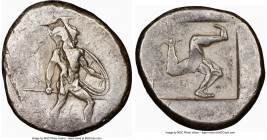 PAMPHYLIA. Aspendus. Ca. mid-5th century BC. AR stater (23mm). VF, overstruck. Ca. 465-430 BC. Helmeted nude hoplite advancing right, spear forward in...