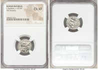 L. Saufeius (ca. 152 BC). AR denarius (18mm, 4h). NGC Choice XF. Rome. Head of Roma right, wearing winged helmet decorated with griffin crest, pendant...