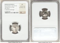 C. Claudius Pulcher (ca. 110-109 BC). AR brockage denarius (18mm, 3.93 gm). NGC XF 4/5 - 3/5. Rome. Head of Roma right wearing winged helmet decorated...
