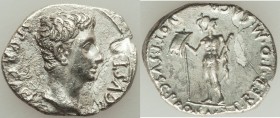 Augustus (27 BC-AD 14). AR denarius (19mm, 3.41 gm, 6h). Choice AU, crystallized, broken and repaired. Spain, Colonia Patricia, 18-16 BC. SPQR CAESARI...