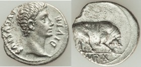 Augustus (27 BC-AD 14). AR denarius (19mm, 3.48 gm, 6h). XF, edge chip, porosity. Lugdunum, ca. 15-13 BC. AVGVSTVS-DIVI•F, bare head of Augustus right...