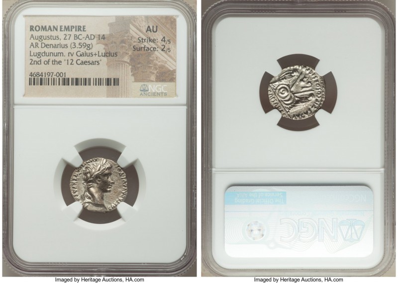 Augustus (27 BC-AD 14). AR denarius (18mm, 3.59 gm, 8h). NGC AU 4/5 - 2/5. Lugdu...