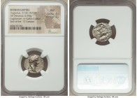 Augustus (27 BC-AD 14). AR denarius (18mm, 3.59 gm, 8h). NGC AU 4/5 - 2/5. Lugdunum, 2 BC-AD 4. CAESAR AVGVSTVS-DIVI F PATER PATRIAE, laureate head of...