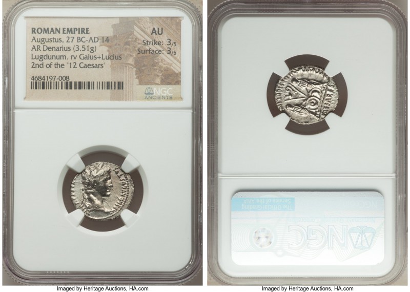 Augustus (27 BC-AD 14). AR denarius (19mm, 3.51 gm, 3h). NGC AU 3/5 - 3/5. Lugdu...