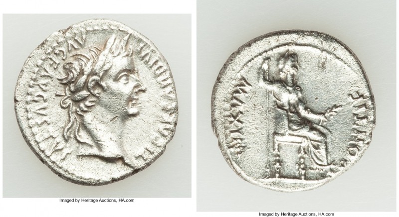 Tiberius (AD 14-37). AR denarius (19mm, 3.56 gm, 4h). Choice XF, scratches. Lugd...