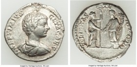 Geta (AD 198-209). AR denarius (18mm, 3.11 gm, 6h). AU. Rome, AD 198-200. L SEPTIMIVS-GETA CAES, bare headed, draped bust of Geta right, seen from beh...