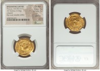 Phocas (AD 602-610). AV solidus (22mm, 4.45 gm, 6h). NGC Choice AU 2/5 - 3/5, graffito, clipped, flip over double strike. Constantinople, 8th officina...