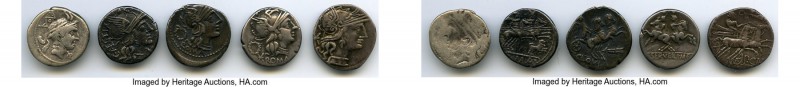ANCIENT LOTS. Roman Republic. 2nd century BC. Lot of five (5) AR denarii (one br...